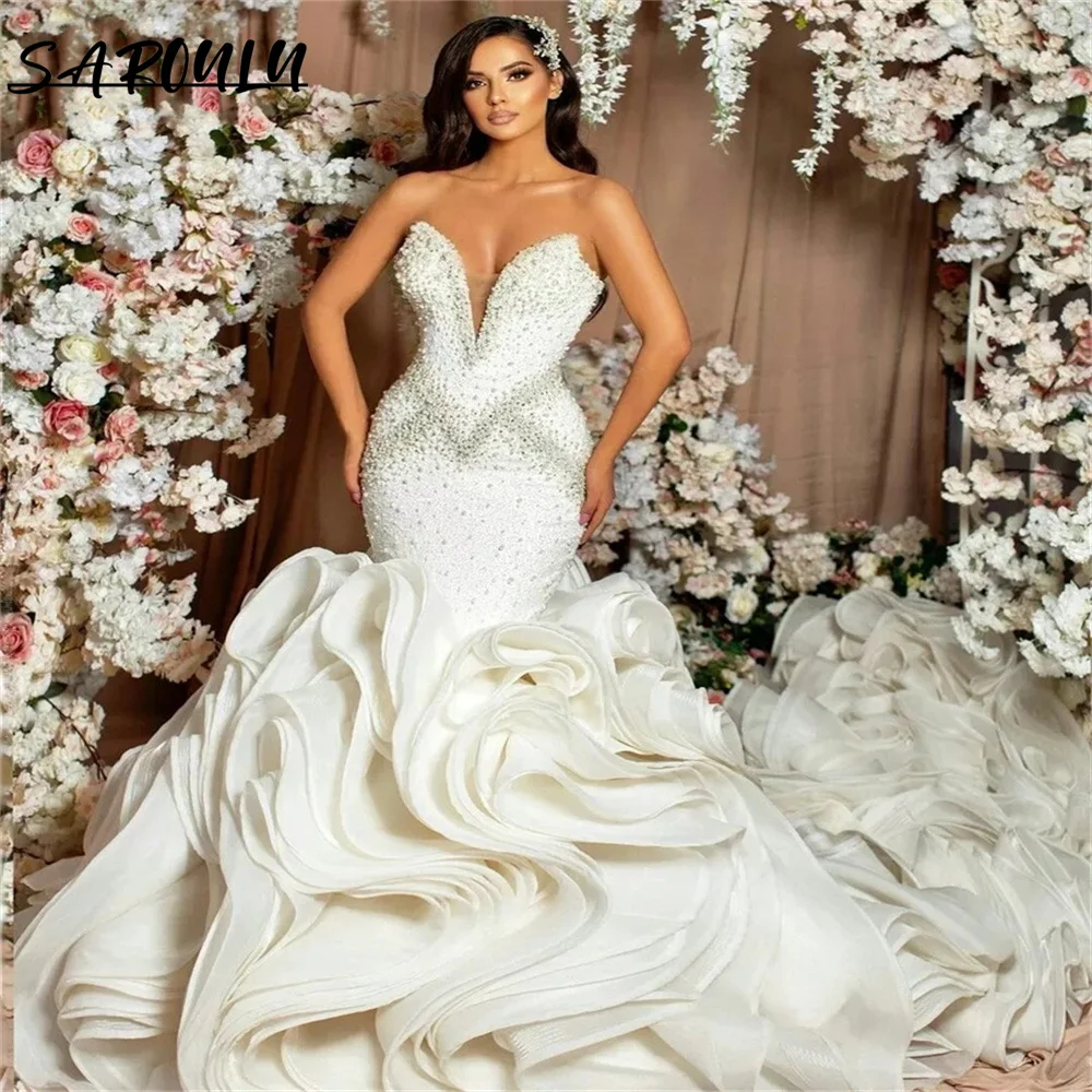 

Sexy Deep V-neck Floor-length Wedding Dress Romantic Beadings Mermaid Bridal Gown Luxury Vestidos De Novia
