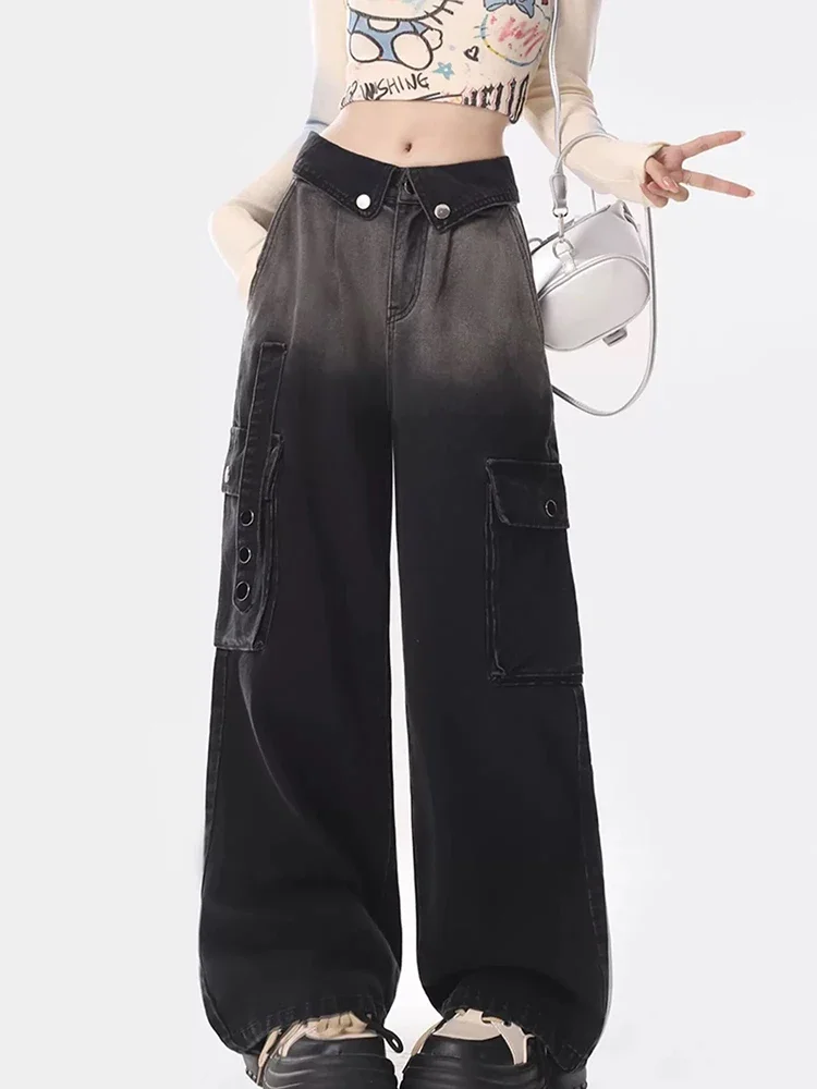 

Fashion Street Slim Woman Jeans New American Style High Waist Loose Women Jeans Black Simple Basic Straight Leg Pants Female