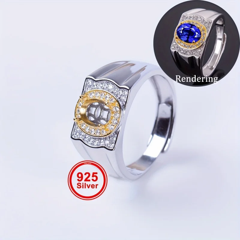 

6*8mm minimalist men's ring setting, s925 sterling silver dual-color ring base, closed bottom hollow design,