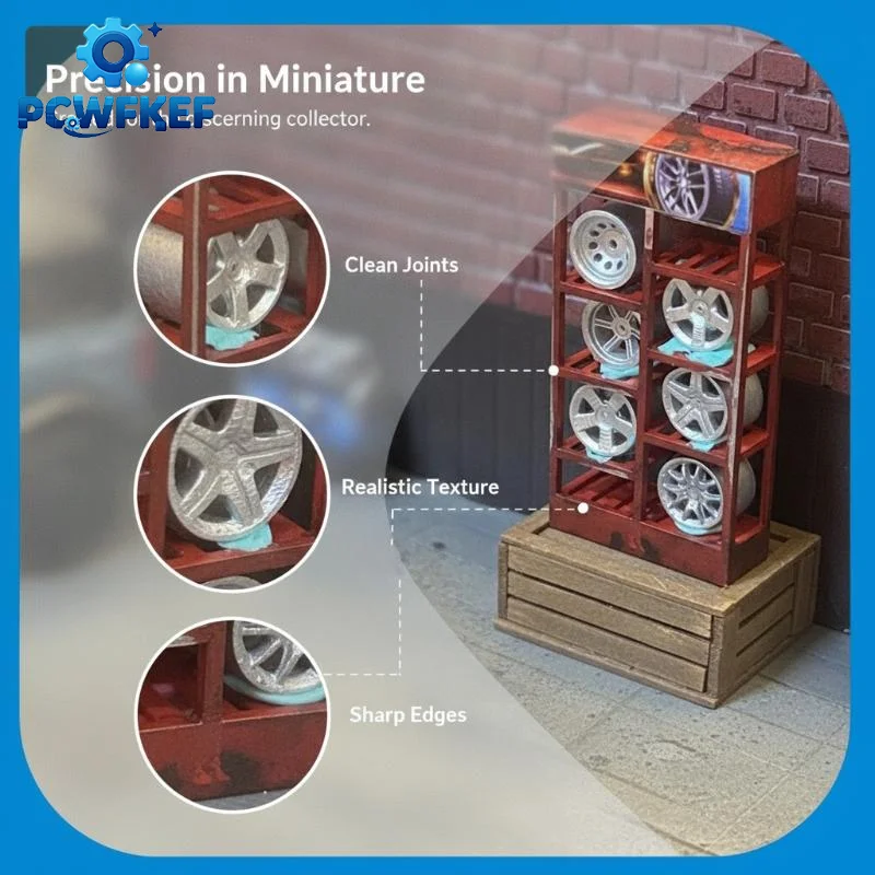 1/64 Scale Model Wheel Rim Rack Mini Repair Shop Scene Display Stand With 6 Random Wheels Dollhouse Garage Diorama Accessory