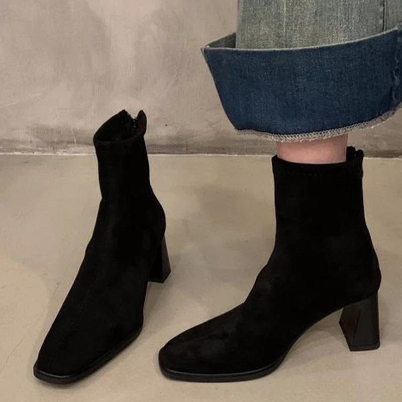 Botas De tacón alto para Mujer, botines De nieve De gamuza con punta cuadrada, Botas Chelsea De diseñador para invierno, Botas De gladiador góticas De tendencia 2024