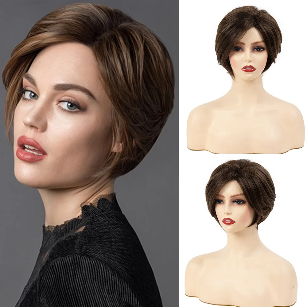 

Коричневый короткий прямой парик из синтетических волос для афроамериканских женщин, натуральный вид, парики для женщин