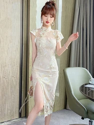Vintage Style Elegant Qipao Dress for Women Sexy Gold Line Lace Sheer Hook Flower Hollow High Slit Robe Cheongsam Vestidos Mujer