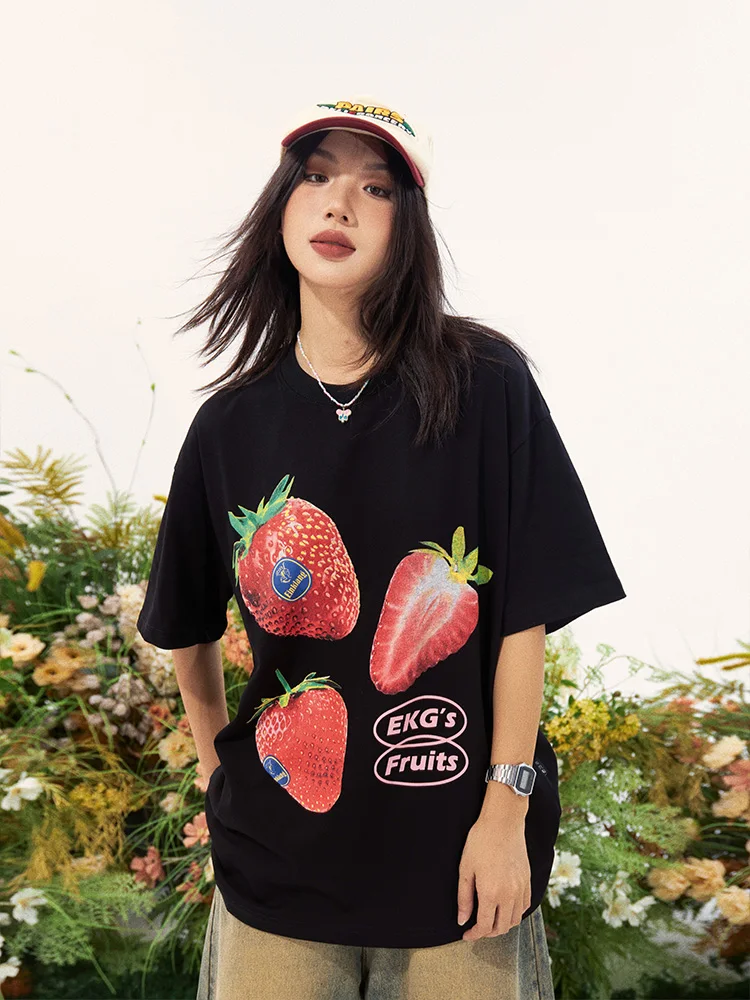 Tawaaiw Summer 2024 Strawberry Print T Shirt Women Clothes Short Sleeve Ladies Tops Korean Fashion Loose Cotton Tee Shirt Femme