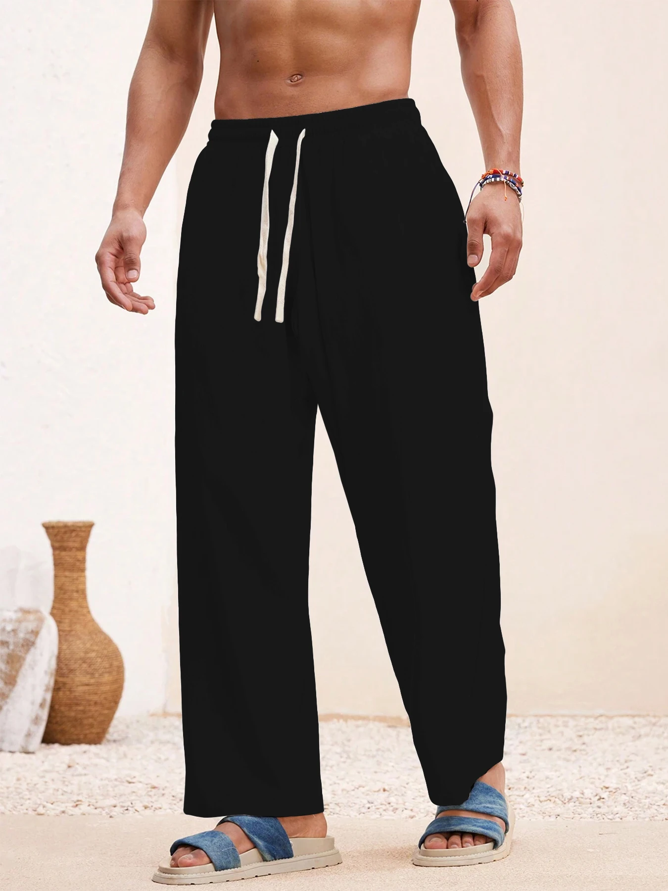 

Мужские однотонные брюки из хлопка и льна, повседневные, свободного кроя, прямые, с завязками, дышащие, летние, модные, в уличном стиле