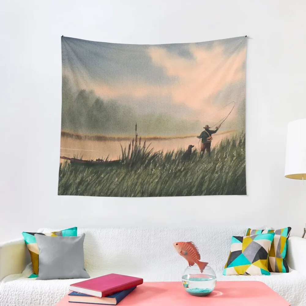 The Fly Fisherman With His Loyal Friend Tapestry House Decorations Japanese Room Decor Tapestry