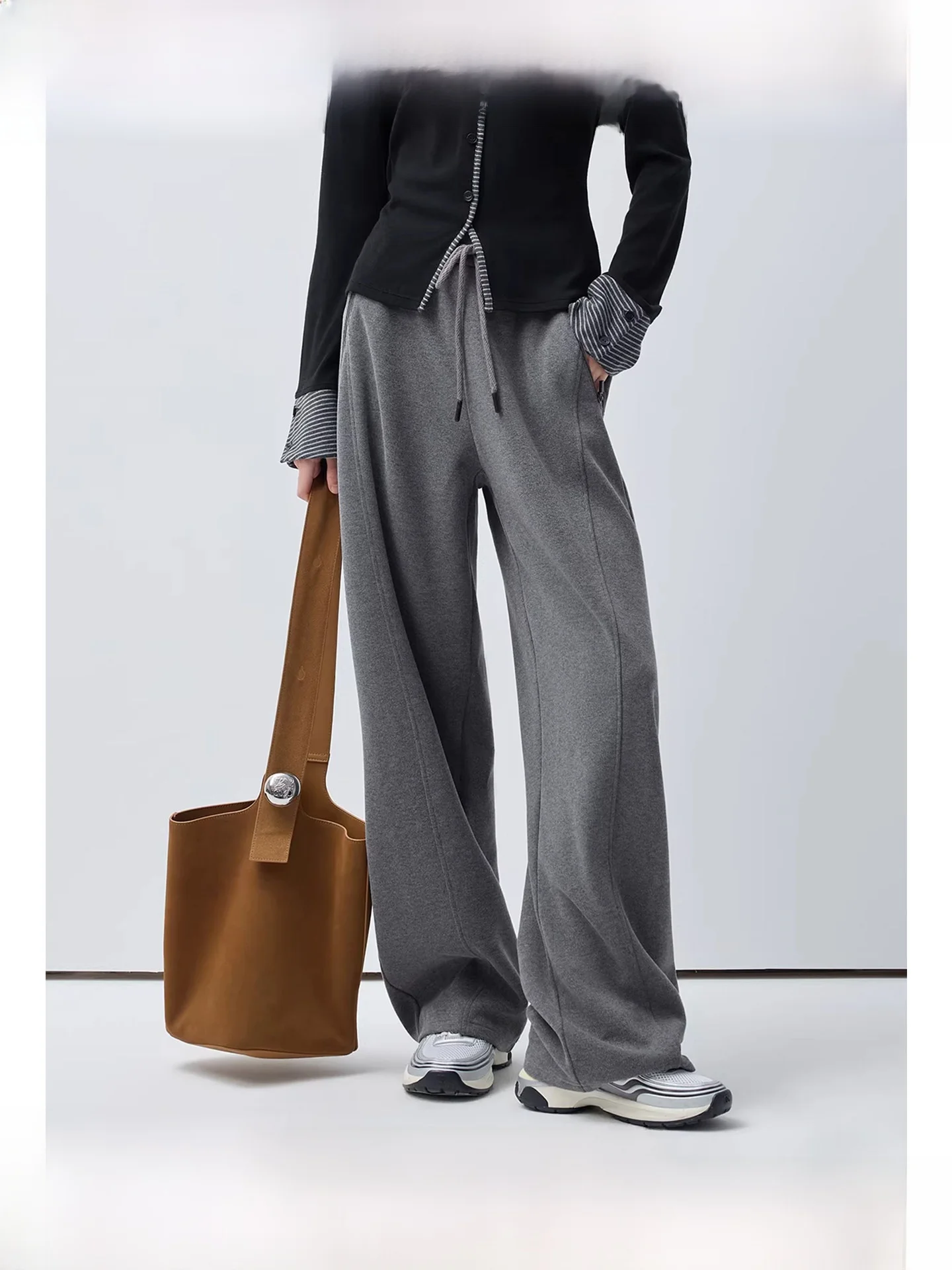 

Брюки с высокой талией, струящиеся, повседневные, для полных женщин, весенние, универсальные, стройнящие, широкие, удобные, дышащие, для катания на лыжах