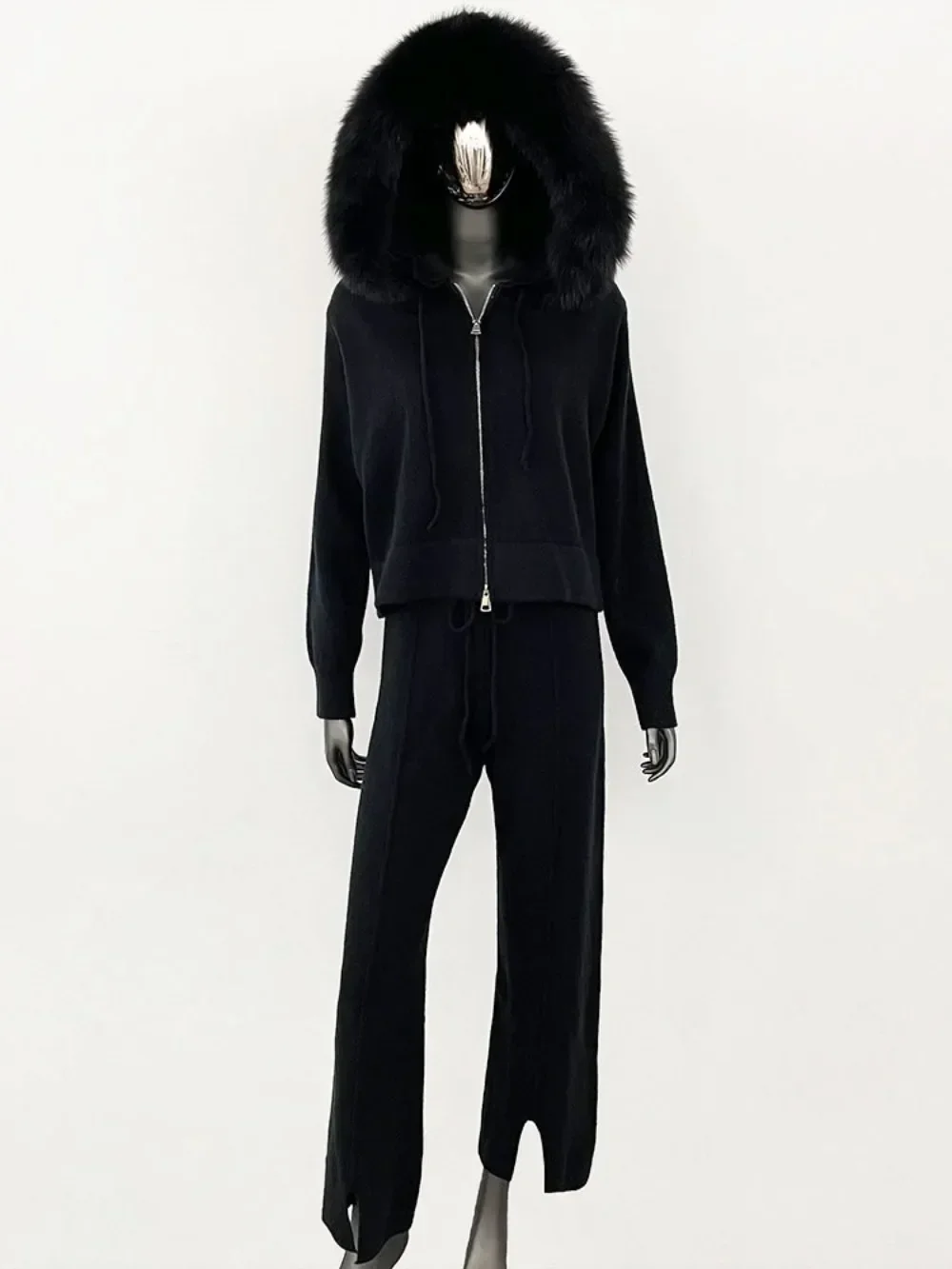 니트웨어 2024 가을, 겨울 유행 스웨터 정장 여성 바지 분리형 여우 모피 칼라 모피 코트와 후드 자켓