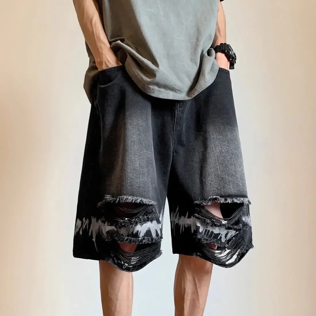 

Half Long Men's Short Jeans Pants Ripped Male Denim Shorts Straight with Pockets Bermuda Buttons Emo Summer Popular Cowboy Sale