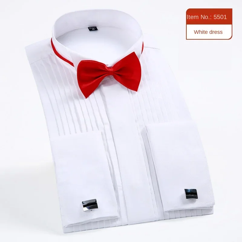 Men's Wing Tip French Cufflink Tuxedo Shirt Bow-tie Long Sleeve White Black Wedding Party Evening Dress Shirt