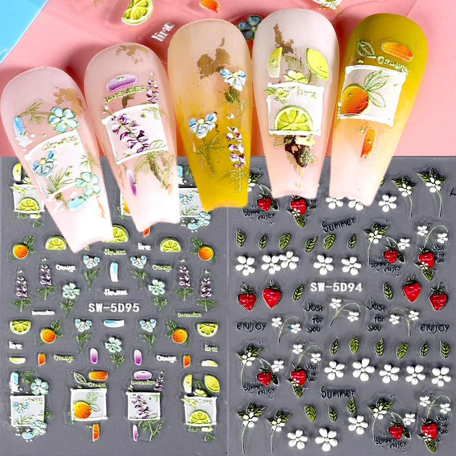 5D Embossed Fruit Nail Art Stickers Summer Strawberry Orange Flowers Geometry Design Adhesive Decal DIY Manicure Decoration Tips