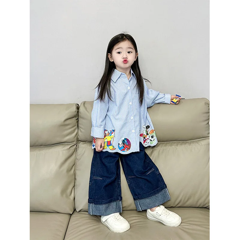 

Deer Girls' 2024 Autumn New Children's Korean Cartoon Vertical Stripe Shirt Baby Fashionable Casual