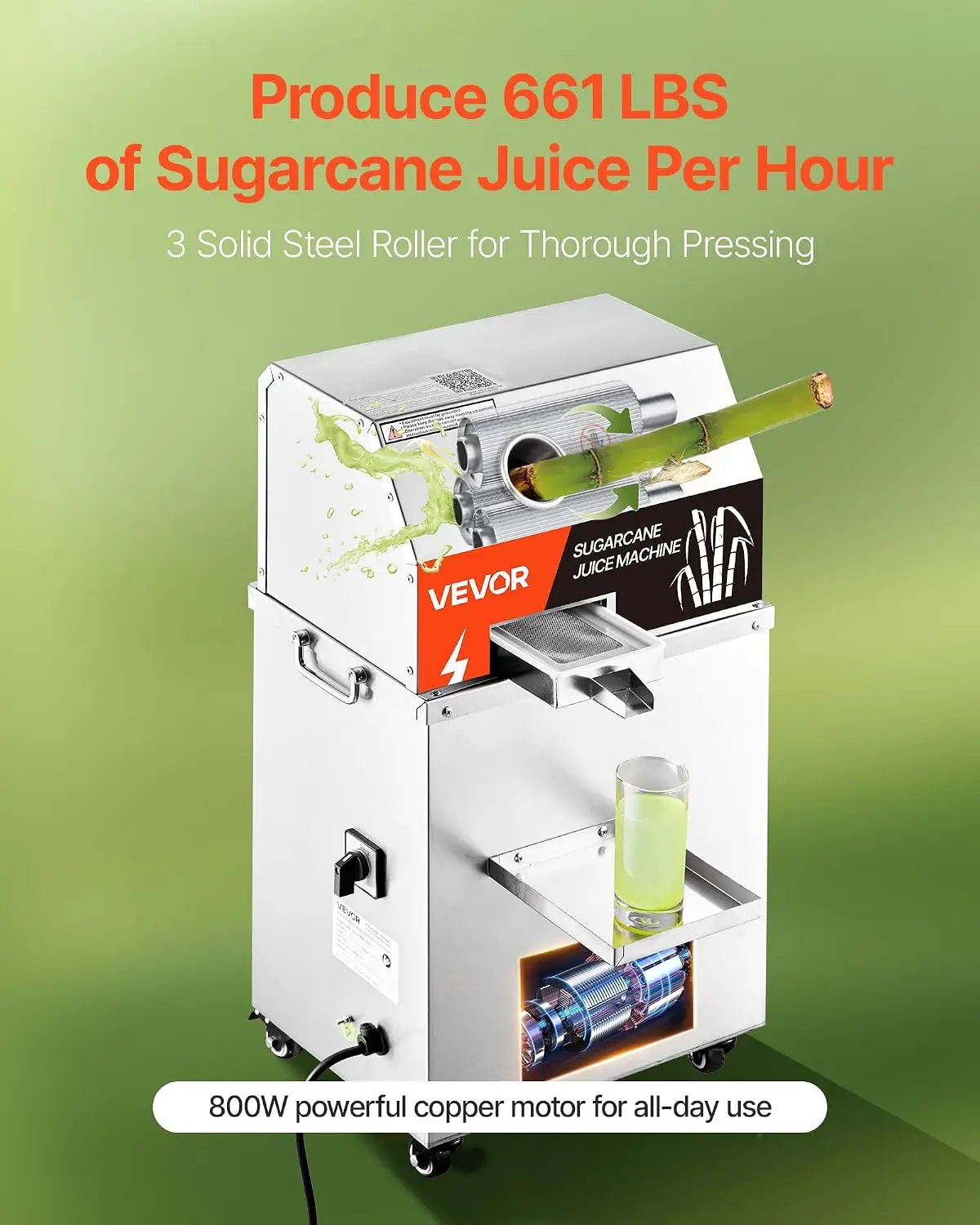 Electric Sugar Cane Juicer, 800W Sugarcane Juicer Machine with 661LBS/H High Output, 3 Stainless Steel Rollers, 2.4