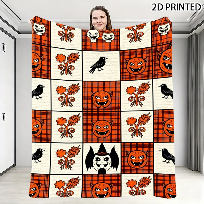 Halloween Themed Grid Print Throw Blanket with Spooky Orange Devil Faces, Black Crows, Ghosts and Witch Patterns, Multiple Speci