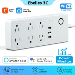 Tuya US Power Strip Wifi Smart Plug With Power Monitor 6 AC Socket 3 USB Port Home Appliance Adapter Voice for Alexa Google