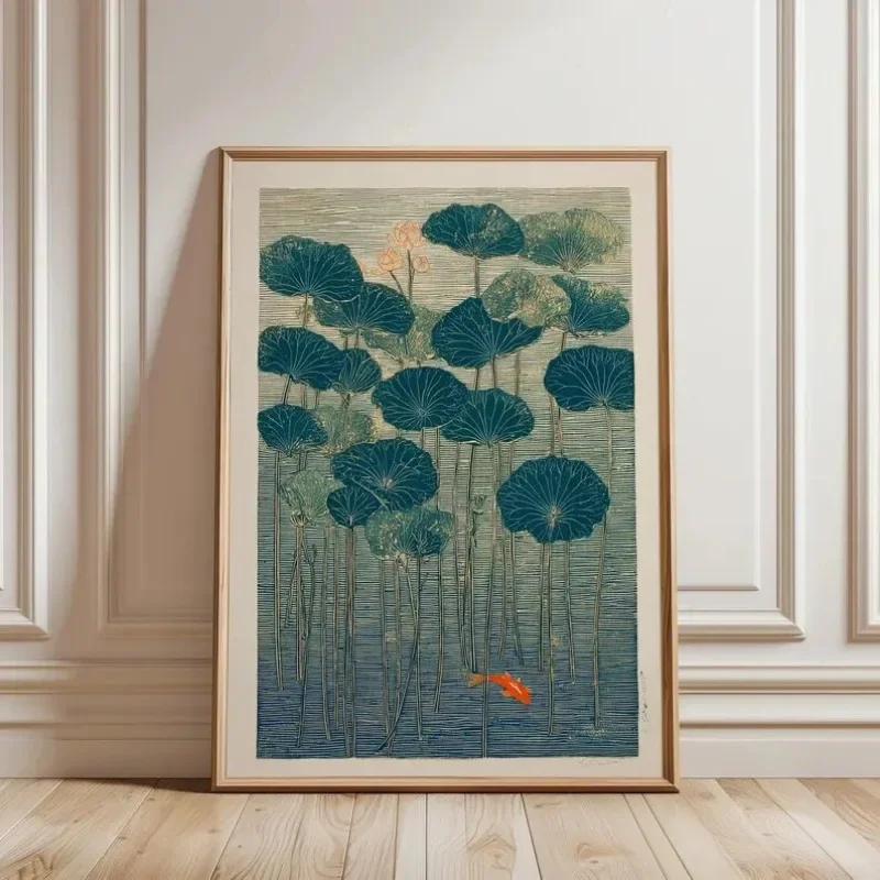 Japanese Lotus Art Print, Minimalist Zen Wall Art, Vintage Botanical Poster, Asian Inspired Home Decor, Serene Nature Illustr