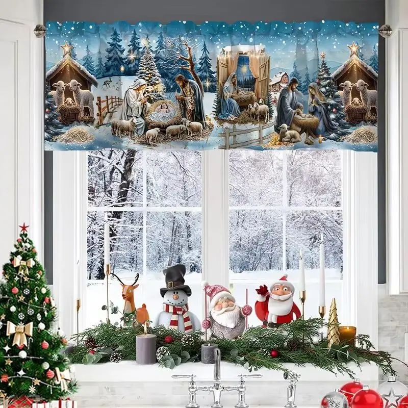 VIKAMA Christmas Nativity Window Valance Holy Birth Short Curtain for Xmas Holiday Kitchen Window Decoration