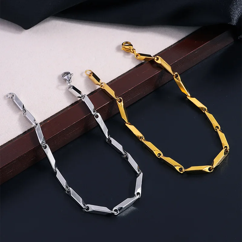 Mens Geometric Rhombus Chain Bracelet,Casual Stainless Steel Metal Links Wristband, Length Adjustable