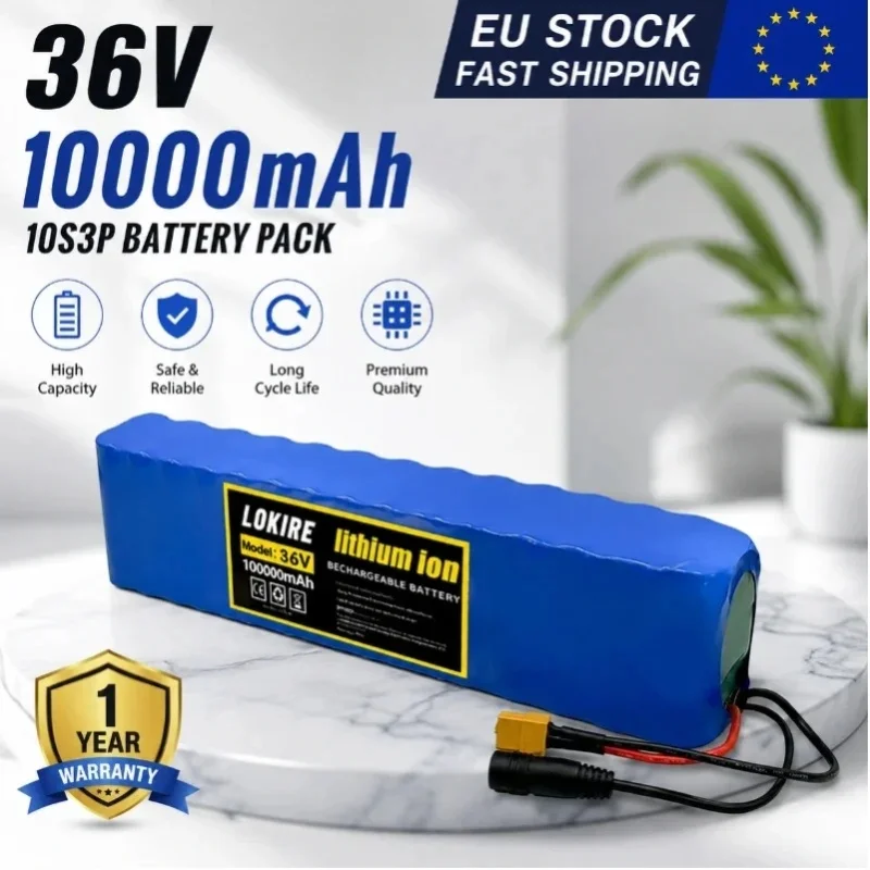 10S3P 36V 10Ah 18650 Akkupack Lithium-Ionen-Akku 10000mAh für Roller E-Bike Elektrofahrrad 1000W mit Smart BMS Sicherheitsschutz Hochleistungs-Ersatzakku EU-Lokallager Schnelle Lieferung