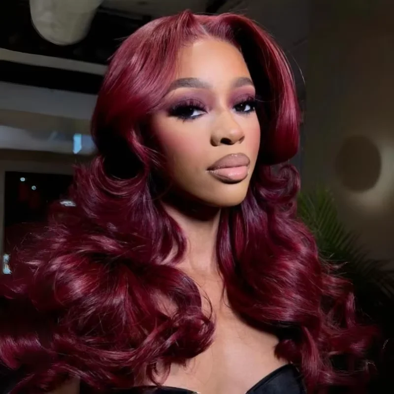 99J Dark Burgundy Colored Body Wave With Bangs Human Hair Wig 13x6 Lace Frontal Wig 13X6 Red Lace Front Human Hair Wigs 13X4 Burgundy 99J Lace Front Wigs Pre Plucked Black Women view 8