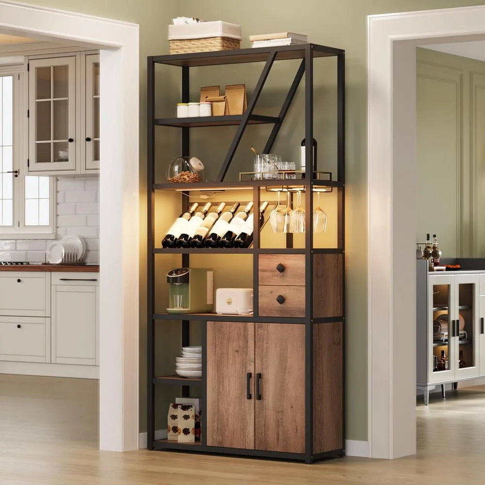 Lemari Bar Anggur dengan Lampu LED, Stasiun Bar Kopi Tinggi dengan Stopkontak & Rak Anggur, Rak Microwave Dapur dan Rak Roti