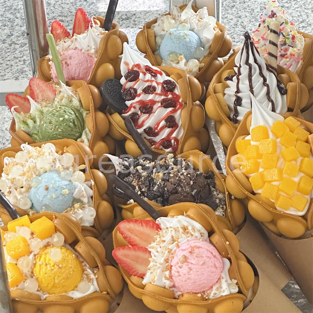 Cute Delicate Bubble Waffle Eggette Cake Cocoa Powder Sugar Sauce Chips Sprinkle Crispy Model Props Soft inside Ice Cream Milk - Image 4