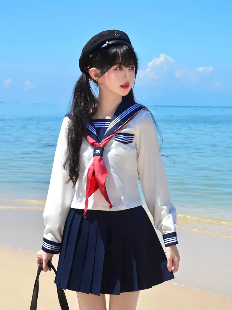 Tamanho grande jk feminino japonês ciano marinheiro faculdade manga longa camisa solta primavera outono versátil de cintura alta conjuntos de saia linha a