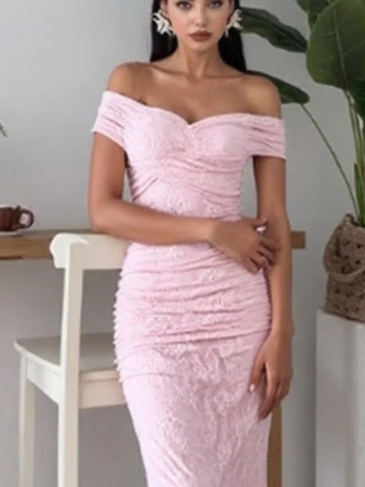 Chic Elegant Women Lace Evening Maxi Dresses Off-shoulder Pink Famale Mermaid Split Night Prom Formal Gowns For Party 2025