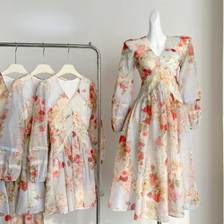 France Vintage Elegant Midi Dress Women V Neck Chic Y2k Design Beach Style Dress Female Print Korean Fashion Clothing Autumn New