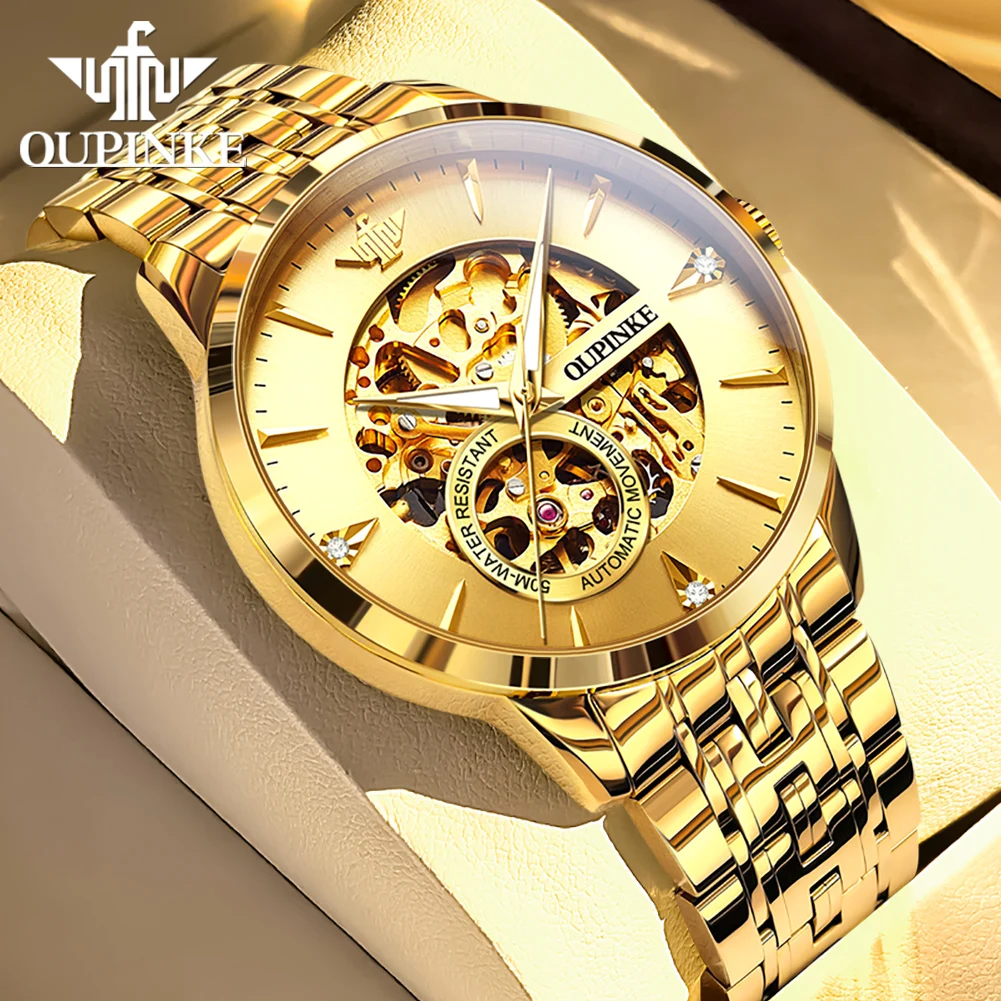 OUPINKE 3308 ساعة رجالية ذهبية مجوفة مستوردة بحركة يابانية للرجال ساعة أوتوماتيكية فاخرة مقاومة للماء ساعة ميكانيكية للرجال