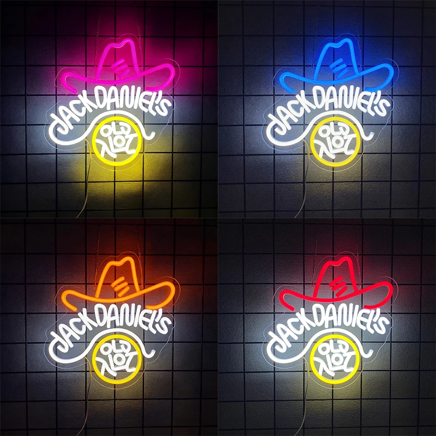 Letrero de neón LED Jack Daniels, icono de sombrero de vaquero, adecuado para cuevas de hombre, bares, decoración de restaurantes, regalos de fiesta de cumpleaños de Navidad.