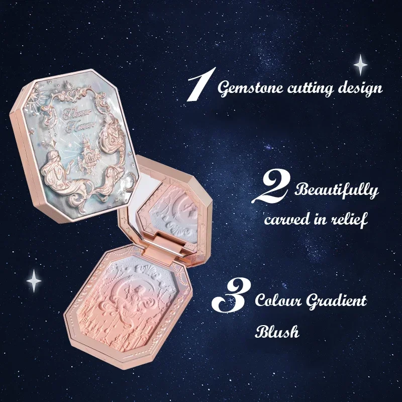 زهرة تعرف أحمر الخدود ، حورية البحر ضوء القمر ، التدرج ثلاثي الألوان ، مطفي النهاية ، نباتي ، خالية من القسوة ، ماكياج العلامة الخاصة