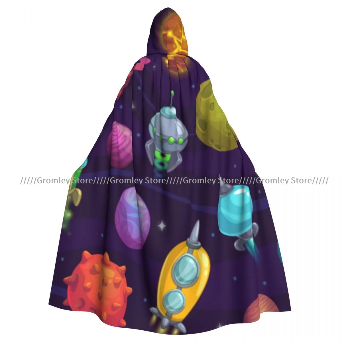 Medieval Halloween Cosplay Cloak Hooded Coat Cartoon Planets And Space Ships Cape Coat Long Trench Costume Wizard Cloak