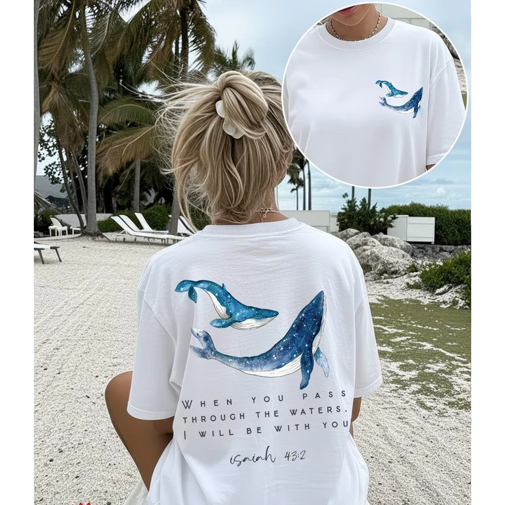 Christian Whale Graphic T Shirt Isaiah 43:2 Bible Verse Faith Tops Women Trendy Back Print Casual Short Sleeve Summer Tee