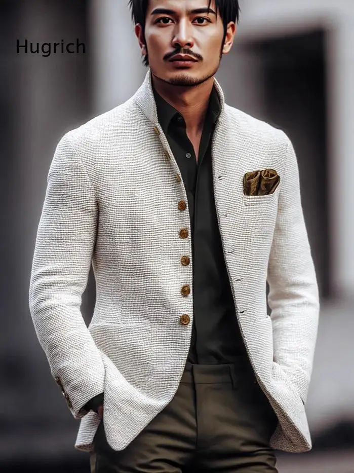 Men Mandarin Collar Textured Woven Blazer Button Front Long Sleeve Business Casual Jacket with Pockets