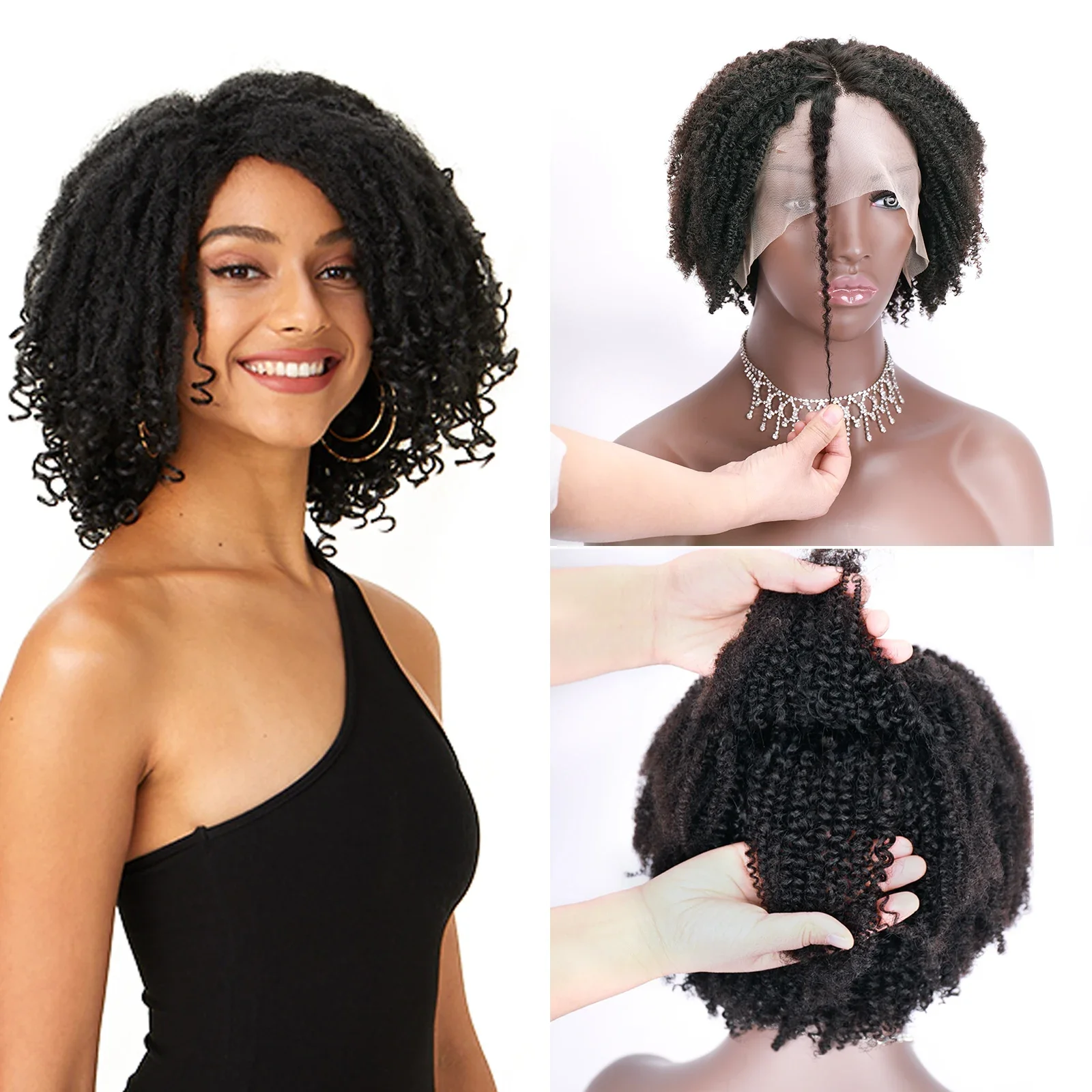 14inch kinky curly natural black virgin remy human hair wig Dreadlock Wig Twist Wigs afro curl bob wig lace parting lace wig