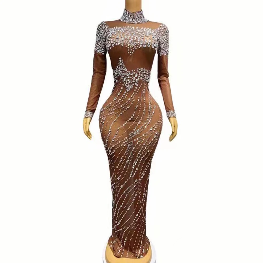 

Sexy Stage Silver Crystals Brown Mesh Stretchy Long Dress Costume Stage Performance Outfit Pattern Birthday Photoshoot Dress