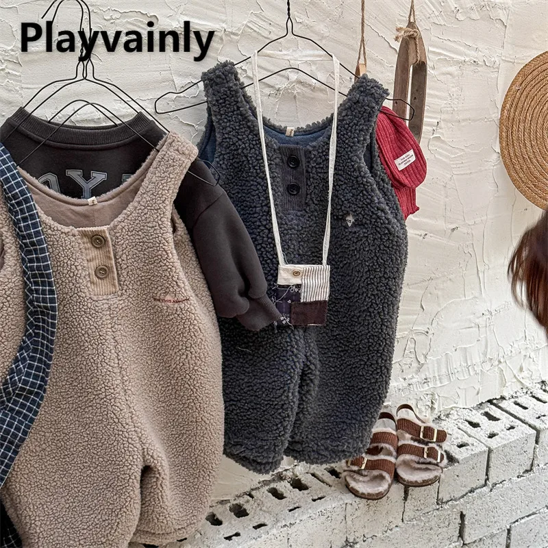 

Новинка 2025 года, детские флисовые комбинезоны, осень-зима, кофейные темно-серые свободные брюки-комбинезоны для мальчиков и девочек, детский комбинезон, повседневные брюки A5713