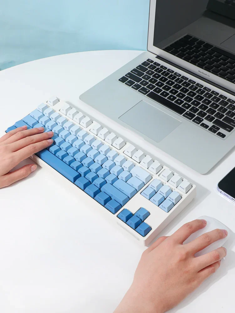 Fog blue keycap gradual change sublimation PBT original side engraving mechanical wireless keyboard