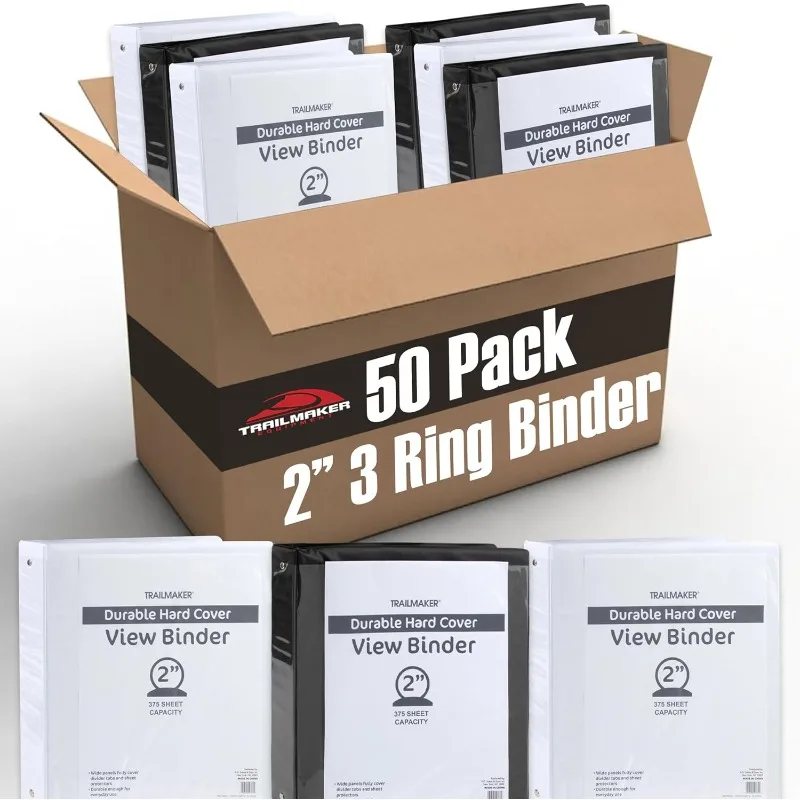 

(50 Pack) 2 Inch Binders 3 Ring Hardcover Binders in Bulk with Clear View Cover, Pockets for Classroom, Office, Portfolios | Bul