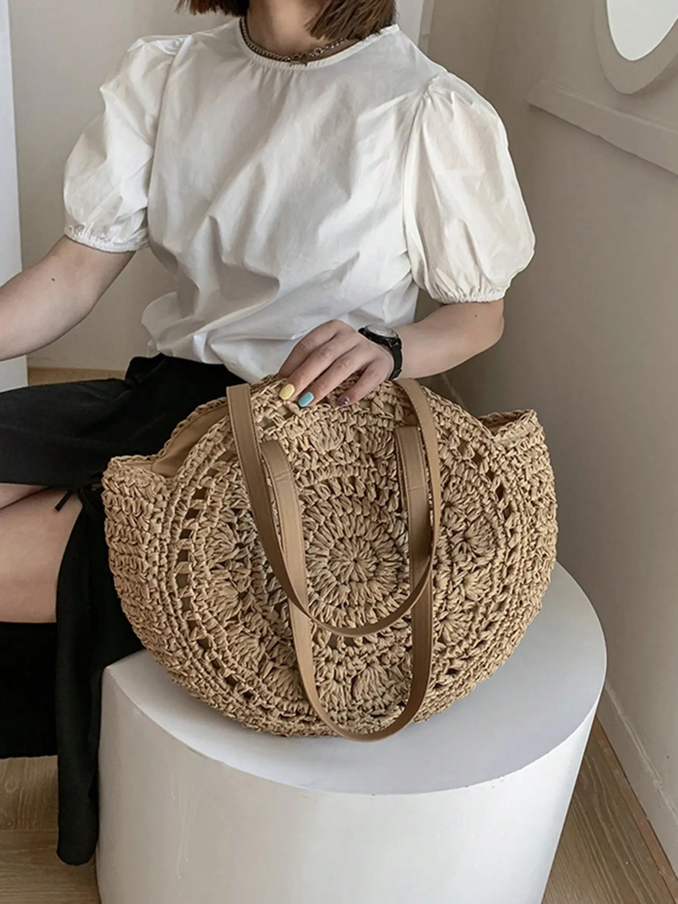 حقيبة يد نسائية دائرية منسوجة ذات سعة كبيرة - تصميم مجوف، مادة خوص، شاطئ/صيفي عصري ضروري لـ #2