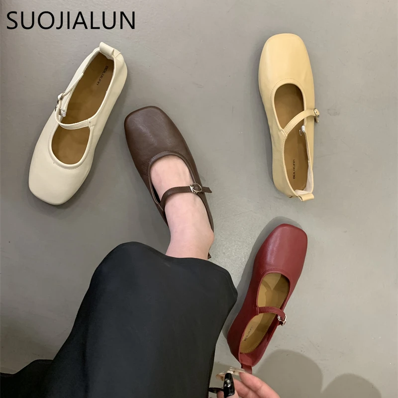 SUOJIALUN 2023 Autumn Flat Heel Women Casual Ballet Shoes Shoes Fashion Round Toe Shallow Round Toe Mary Jane Soft Sole Ballerin