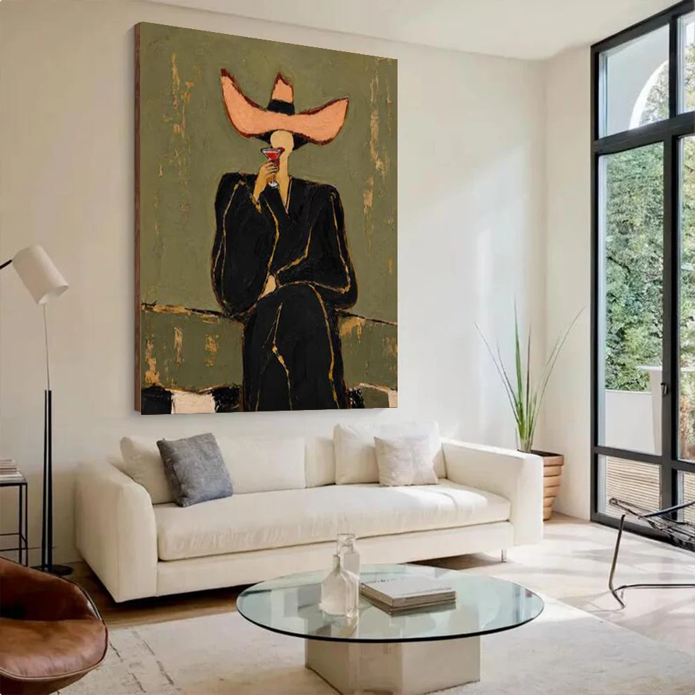 100% Handmade Abstract Figure Oil Painting Western Bar Girl Canvas Mural Top Wall Art Picture for Home Living Room Decor Image