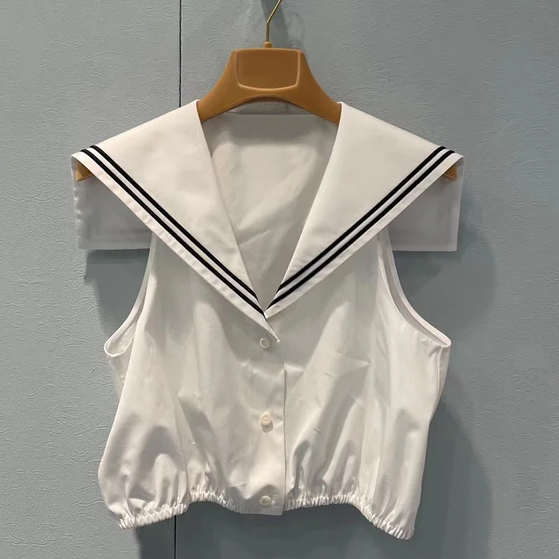 

Summer New White Sleeveless Shirt Women Navy Collar Slim Fit Short Top Cotton Embroidery t-shirts