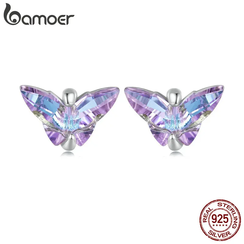 

Bamoer 925 Sterling Silver Purple Butterfly Stud Earrings Insect Zircon Ear Studs for Women Birthday Gift Romantic Fine Jewelry