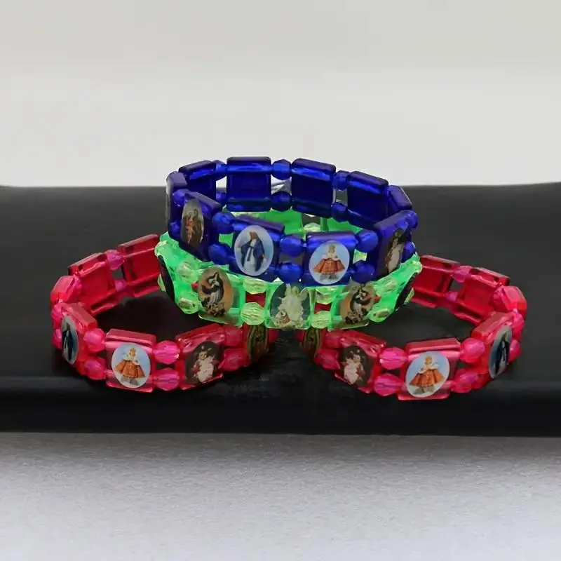 Vintage Mary PVC Rosary Bead Bracelet Elastic Religious Wristband with Image Stickers for Party Daily Wear