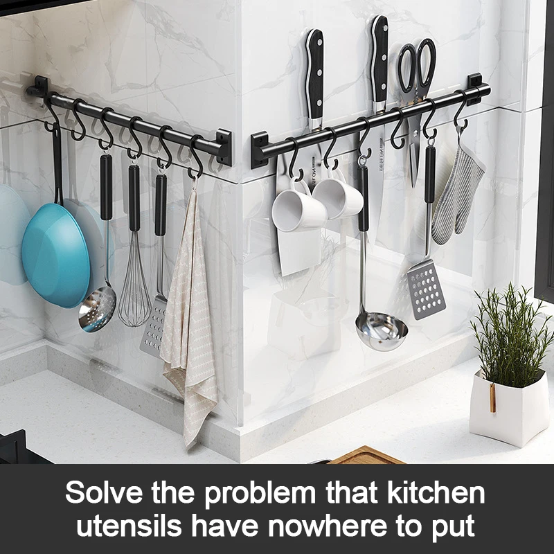 Space Aluminum Kitchen Hooks Organizer Wall Mounted Kitchen Ware Hooks Black Hole-Free Kitchen and Bathroom Hanging Rod Shelves