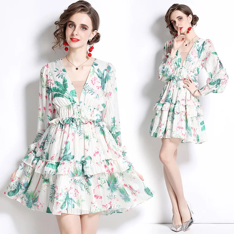 V-Neck Printed Swing Dress New fashion 2024 Early Spring Women's Clothing Ruffles Long Lantern Sleeve elegant dresses