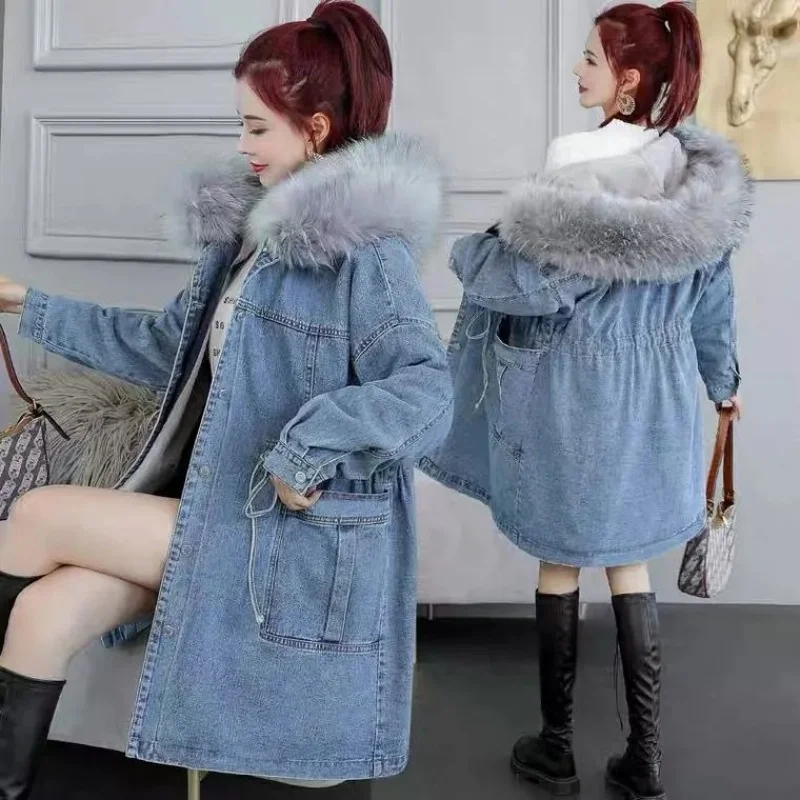 Thick Denim Cotton Jacket With Fleece Lining, Women's Winter Korean Large Size Loose Stylish Versatile Medium Long Coat w1595