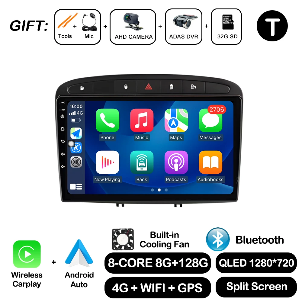 Android Auto voor Peugeot 308 SW 2007-2015 408 2012-2020 Draadloze Carplay Autoradio Multimedia Speler WiFi GPS Navigatie